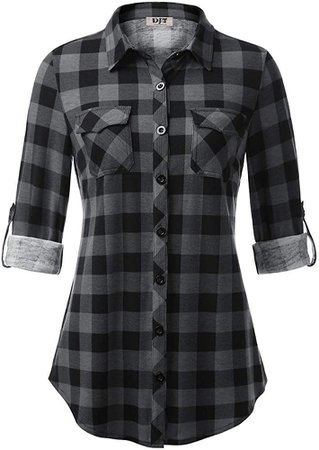 DJT Button Down Shirts for Women, Long-Sleeve Plaid Shirt Small Black Plaid at Amazon Women’s Clothing store