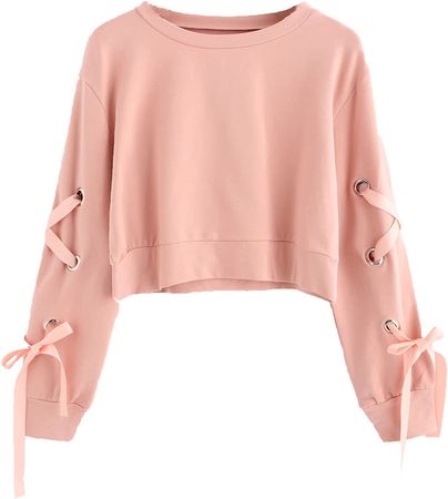 SweatyRocks Women's Casual Lace up Long Sleeve Pullover Crop Top Sweatshirt Solid Pink Medium at Amazon Women’s Clothing store