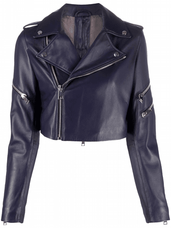 dark purple cropped leather jacket