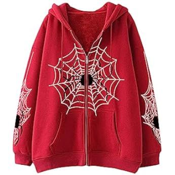 Yuemengxuan Women Y2k Goth Hoodie Zip up Casual Sweatshirt Spider Skeleton Aesthetic Graphic Top Gothic Jacket Streetwear (Red-P, S) at Amazon Women’s Clothing store