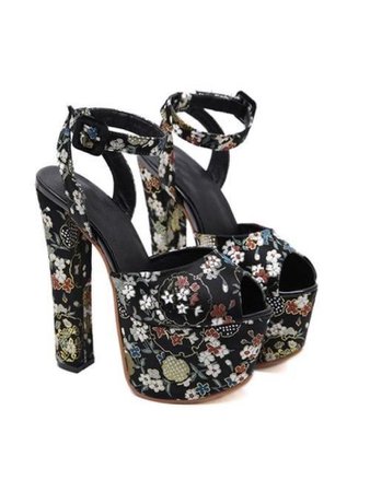 Black floral open toed platform heels