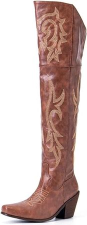 Amazon.com | VOMIRA Knee High Boots for Women Pointed Toe Cowboy Boots Chunky Stacked Heel Western Boots Vintage Country Embroidered Cowgirl Boots Over The Knee Boots | Knee-High