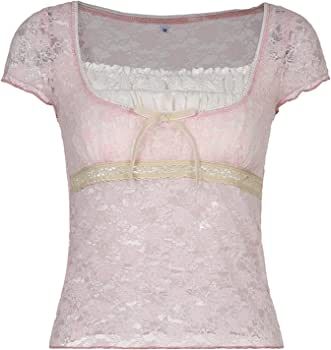 Amazon.com: Women Y2K Short Sleeve Crop Top V Neck Lace Slim Fit Shirt Vintage Fairy Grunge Summer Tee(K-Pink lace,S) : Clothing, Shoes & Jewelry