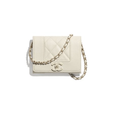 Chanel, flap coin purse with chain Grained Lambskin, Lacquered & Gold-Tone Metal Ecru
