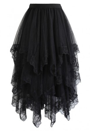 Lace Hem Asymmetric Layered Tulle Skirt in Black - Skirt - BOTTOMS - Retro, Indie and Unique Fashion