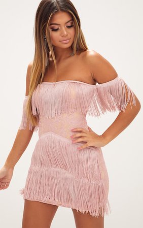 Dusty Pink Bardot Tassel Lace Bodycon Dress | PrettyLittleThing
