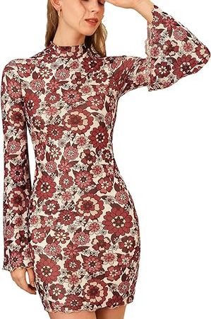 Amazon.com: Verdusa Women's Floral Print Lettuce Trim Bell Sleeve Mock Neck Mesh Bodycon Mini Dress : Clothing, Shoes & Jewelry