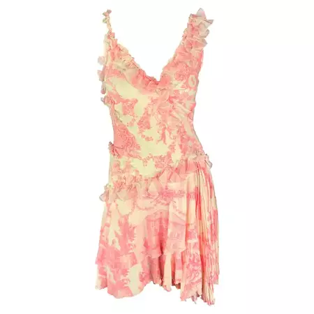 S/S 2004 Versace by Donatella Runway Pink Toile Print Ruffle Flare Mini Dress For Sale at 1stDibs
