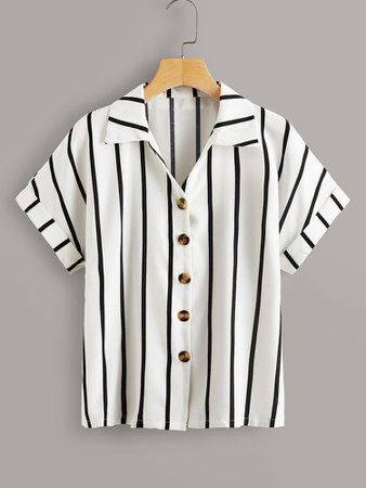 Plus Stripe Print Button Up Blouse | SHEIN USA