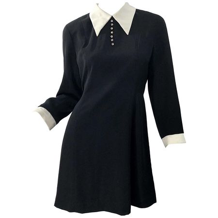 Vintage Givenchy 1990s Black and White Rhinestone Long Sleeve 90s Mini Dress For Sale at 1stDibs