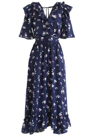 Aflutter Bouquets Print Wrap Maxi Dress in Navy - Retro, Indie and Unique Fashion