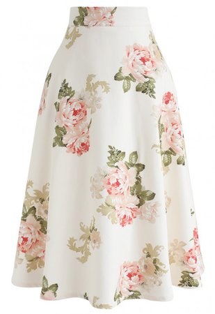 Rose Print A-Line Flare Midi Skirt in Cream - Skirt - BOTTOMS - Retro, Indie and Unique Fashion