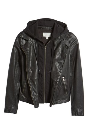 Caslon® Leather Moto Jacket with Removable Hood (Regular & Petite) | Nordstrom