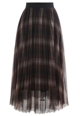 Plaid Pattern Double-Layered Mesh Tulle Midi Skirt - Retro, Indie and Unique Fashion