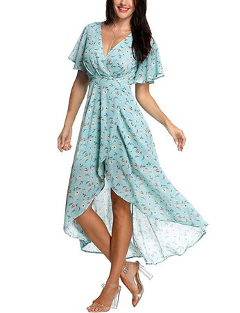 Azalosie Wrap Maxi Dress Short Sleeve V Neck Floral Flowy Front Slit High Low Women Summer Beach Party Wedding Dress Light Blue at Amazon Women’s Clothing store