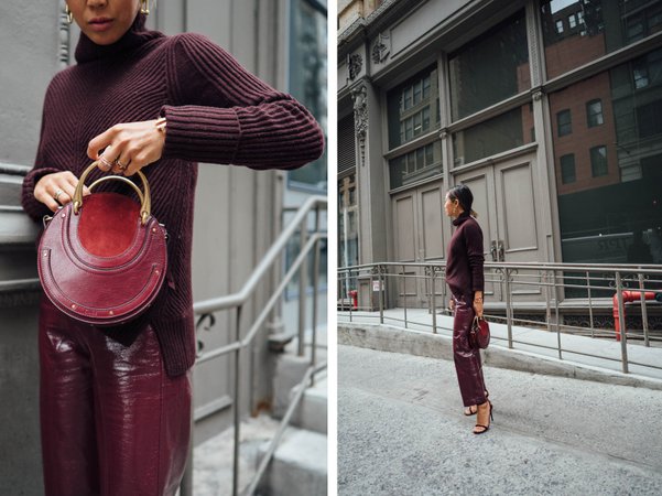 Monochrome burgundy vinyl pants and sweater | Song of Style