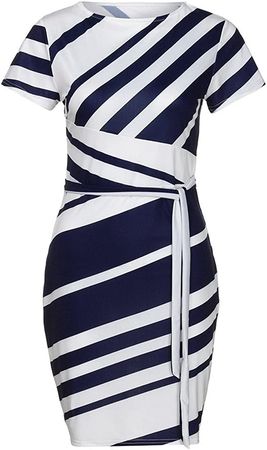 FOVIGUO Women Short Sleeve Striped Wear to Work Business Cocktail Pencil Dress Bodycon Stretchy Business Elegant Mini Dresses Blue at Amazon Women’s Clothing store