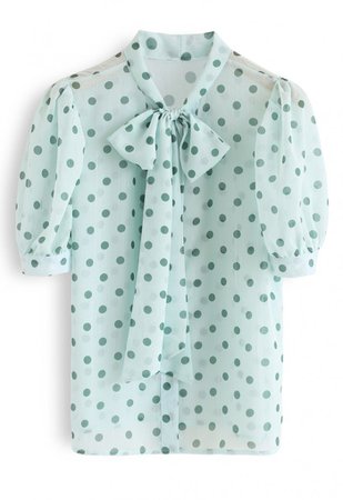 Tie-Neck Dotted Sheer Top in Mint - Retro, Indie and Unique Fashion