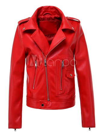Red Moto Jacket Leather Like Zipper Women Biker Jacket With Pockets - Milanoo.com