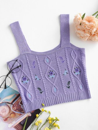 [35% OFF] [NEW] 2020 Cropped Embroidered Cable Knit Tank Top In MAUVE | ZAFUL
