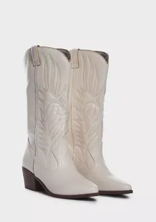 Vegan Leather Embroidered Heeled Cowboy Boots - White – Dolls Kill