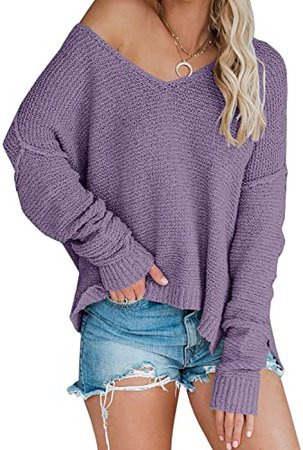 Amazon.com: Women’s Off Shoulder Knit Sweaters Oversized V Neck Long Sleeve Loose Lightweight Pullover Tops (X-Large, Purple): Clothing