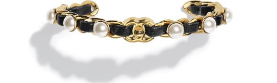 Cuff, metal, glass pearls & lambskin, gold, pearly white & black - CHANEL