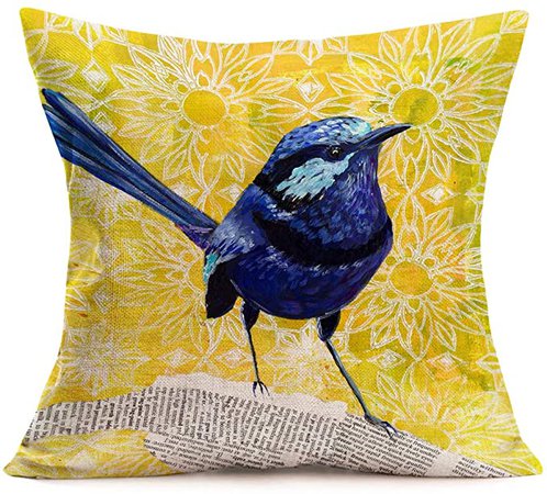 Amazon.com: YANGYULU Oil Painting Blue Robin Bird Throw Pillow Covers Yellow Color Background Lovely Animal with Chrysanthemum Pattern Cotton Linen Decorative Cushion Case Cover 18"x18" for Sofa (Blue Robin Bird): Home & Kitchen