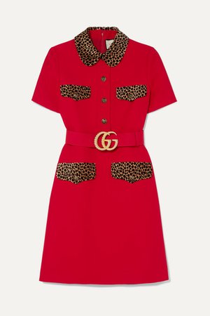 Gucci | Belted leopard-print cotton-trimmed wool and silk-blend mini dress | NET-A-PORTER.COM