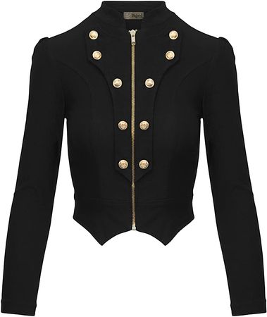 Women's Military Crop Stretch Gold Zip up Blazer Jacket KJK1125 Black Medium at Amazon Women’s Clothing store