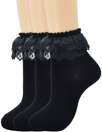 Women Lace Ruffle Frilly Ankle Socks Fashion Ladies Girl Princess H08 (3 pairs - Black) at Amazon Women’s Clothing store