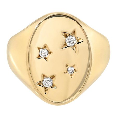 14 Karat Yellow Gold and White Diamond Classic Starred Signet For Sale at 1stdibs