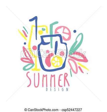 Summer logo design, label for summer holiday, restaurant, cafe, bar, menu, travel agency colorful hand drawn vector illustration isolated on a white background.