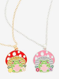 Pink & Red Mushroom Frogs Best Friend Necklace Set