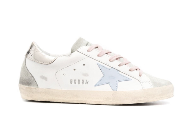 cute golden goose pink and baby blue shoes
