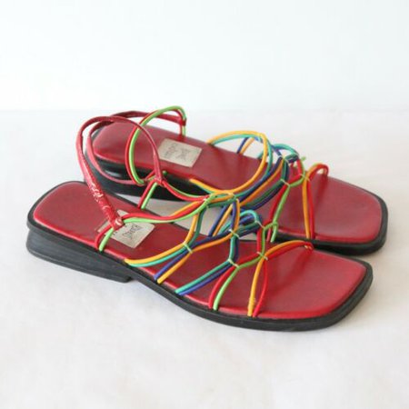 Vintage 90s Impo y2k stretch square toe rainbow strappy sandals chunky heel 8 M | eBay