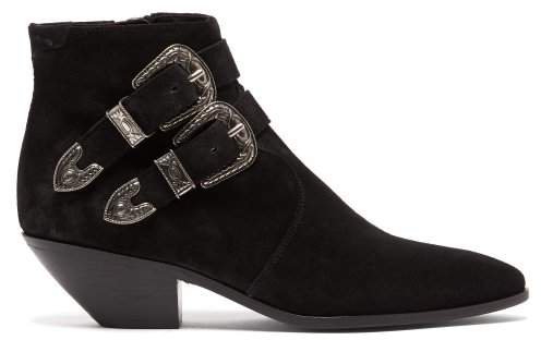 West Buckled Suede Boots - Womens - Black