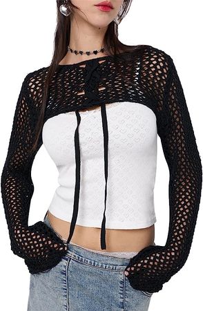 Prosperandoes Women Crochet Y2k Long Sleeve Crop Top Cute Sexy Knit Sweatshirt Hollow Out Fishnet Going Out Shrug Sweater at Amazon Women’s Clothing store