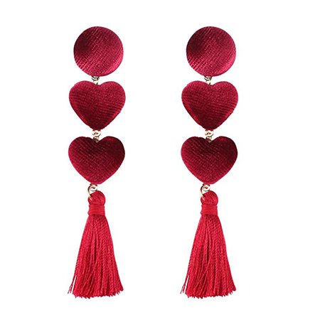 Red Heart Tassel Earrings, Double Heart shape Fringe Drop Earrings, Red: Clothing