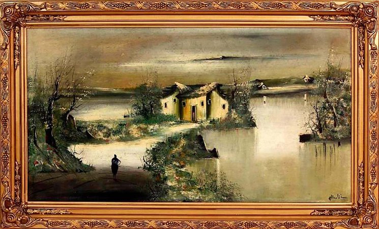 A. Huntington - Houses And River-Large Impressionist Landscape Oil on Canvas Signed A.Huntington For Sale at 1stDibs