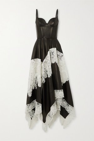 Leather And Cotton-blend Guipure Lace Gown - Black