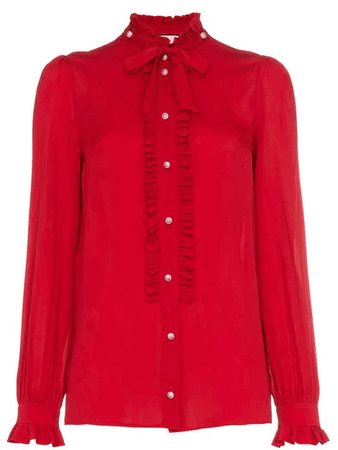 Red silk ruffle front blouse from Gucci.
