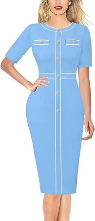 VFSHOW Womens Buttons Patchwork Work Business Office Party Bodycon Pencil Sheath Dress at Amazon Women’s Clothing store