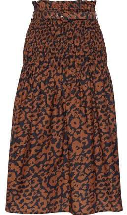 Belted Shirred Printed Cotton And Silk-blend Midi Skirt