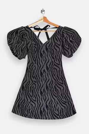 Black and White Animal Puff Sleeve Mini Dress | Topshop