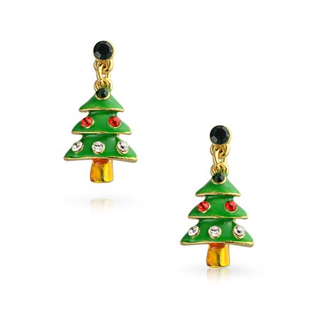 Green Enamel Crystal Christmas Tree Drop Earrings Gold Plated