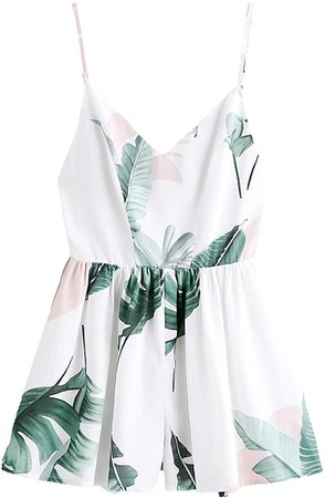 Amazon.com: SweatyRocks Women's Sexy V Neck Floral Printed Spaghetti Strap Beach Romper Shorts Jumpsuit White Leaf XS: Clothing