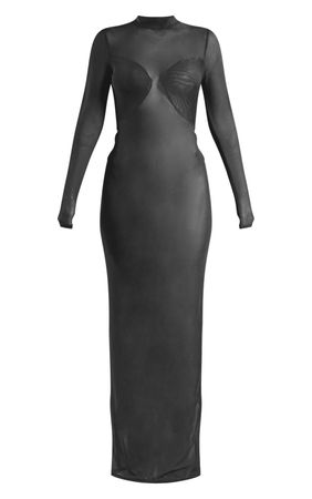 Black Mesh Cup Detail Long Sleeve Maxi Dress | PrettyLittleThing USA