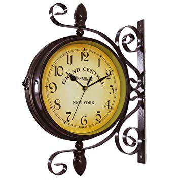 Homello Vintage Double Sided Wall Clock Iron Metal Silent Quiet Grand Central Station Wall Clock Art Clock Decorative Double Faced Wall Clock 360 Degree Rotate Antique Wall Clock (Dark Brown Color): Home & Kitchen
