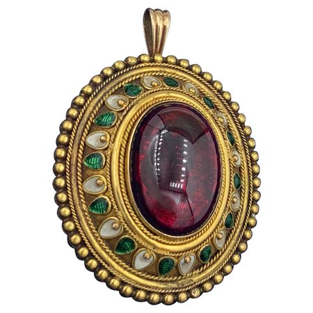 Etruscan Revival Garnet Enamel Gold Pendant Necklace Circa 1860 Museum Quality For Sale at 1stDibs